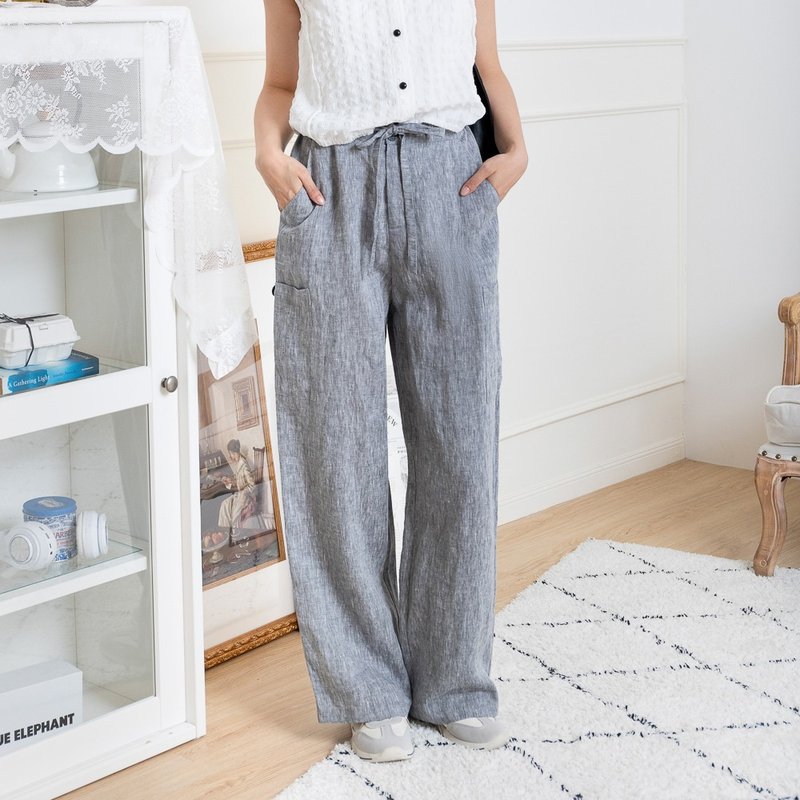 【MEDUSA】Gray Tie Waist Cooling Linen Wide-leg Trousers - กางเกงขายาว - ผ้าฝ้าย/ผ้าลินิน สีเทา