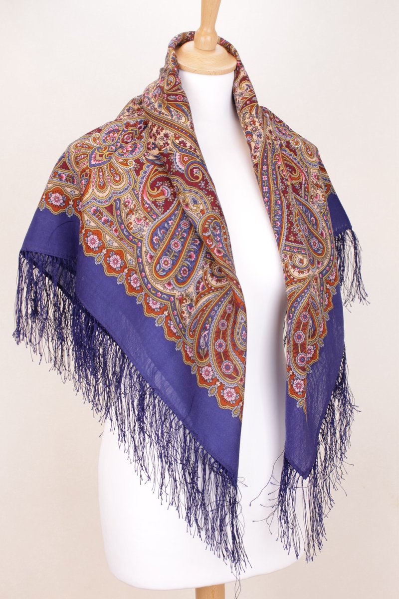Authentic Pavlovo Posad Russian Shawl Scarf Soft 100% Wool 89x89 cm 1958-14 - 絲巾 - 羊毛 藍色