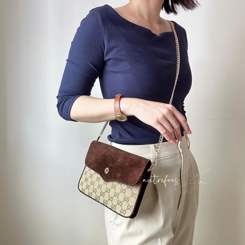 中古 Gucci 麂皮拼接手拿包 斜背包 - 側背包/斜背包 - 真皮 咖啡色
