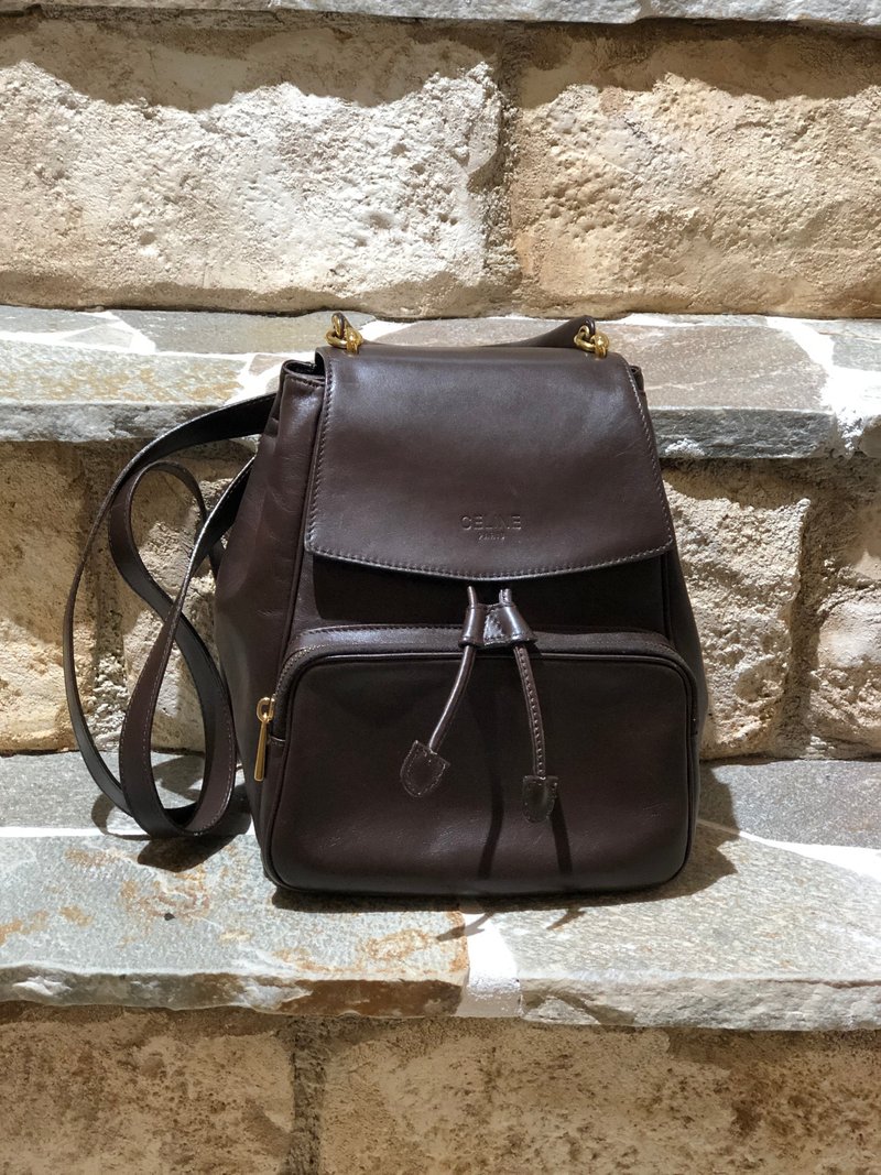 【 日本直送　名牌中古包 】CELINE セリーヌ ロゴ型押し スターボール レザー バックパック リュック ブラウン vintage kwx3cy - 後背包/背包/書包 - 真皮 咖啡色