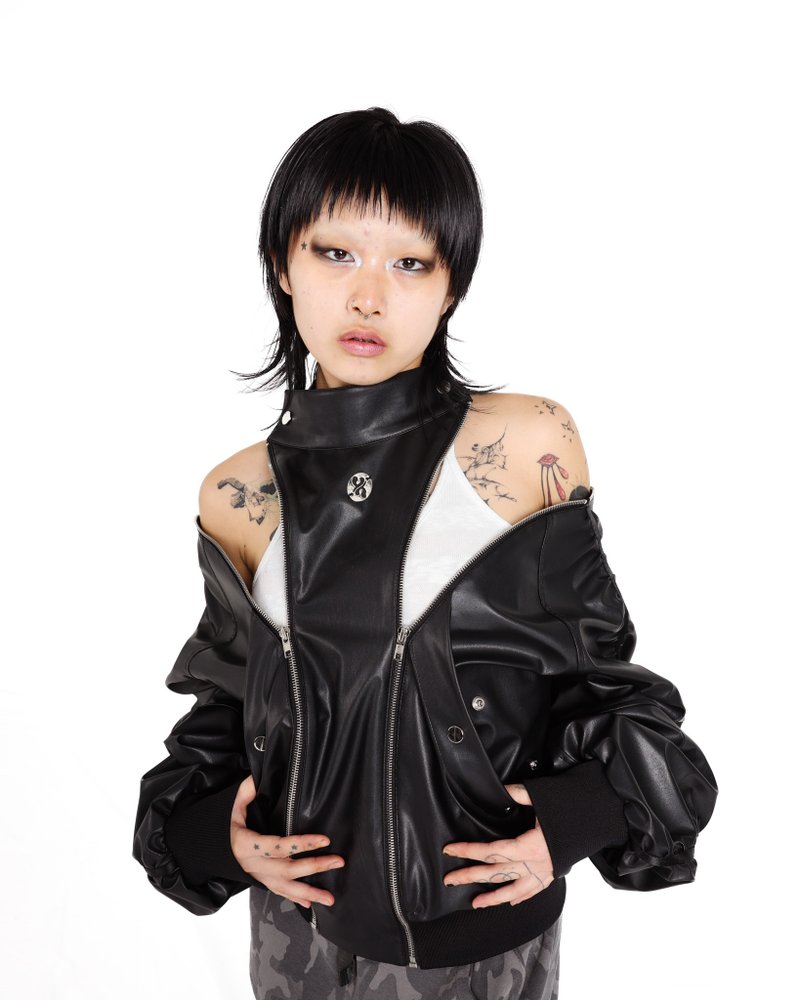 CACTUS VEGAN LEATHER BIKER JACKET - 女大衣/外套 - 環保材質 黑色