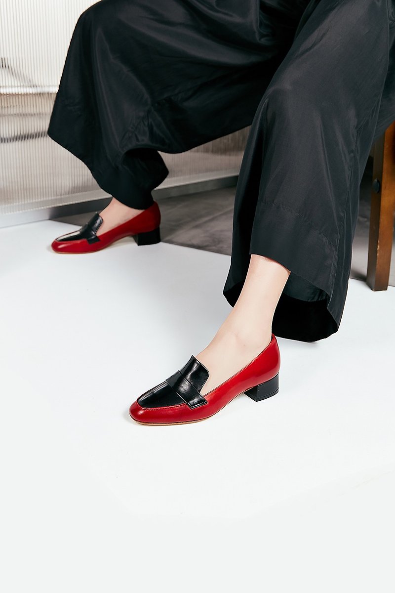 HTHREE 3.4圓頭樂福跟鞋 / 辣椒紅 / Round Toe Loafer Heels - 女皮鞋 - 真皮 紅色