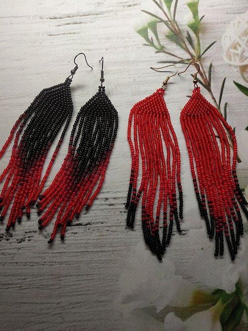 White Bird gallery of exquisite jewelry from Halyna Nalyvaiko Extra long black and red gradient beaded fringe earrings Mexican earrings boho