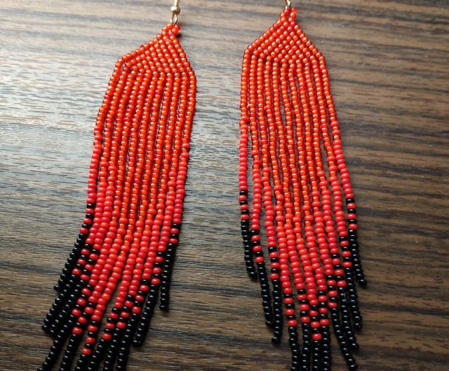 Extra long black and red gradient beaded fringe earrings Mexican