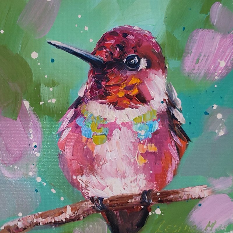 Hummingbird Oil Painting Bird Small Art Bird Artwork Flower Painting Bird Art - ตกแต่งผนัง - วัสดุอื่นๆ สีน้ำเงิน