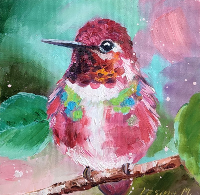 ハチドリ 油絵 鳥 小さなアート 鳥の絵 花の絵 鳥のアート - ウォールデコ・壁紙 - その他の素材 ブルー