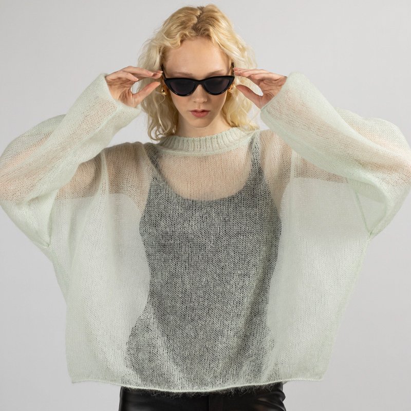 Mohair knit sweater, Mint green mohair wool sweater, Fuzzy sheer jumper - 女毛衣/針織衫 - 羊毛 綠色