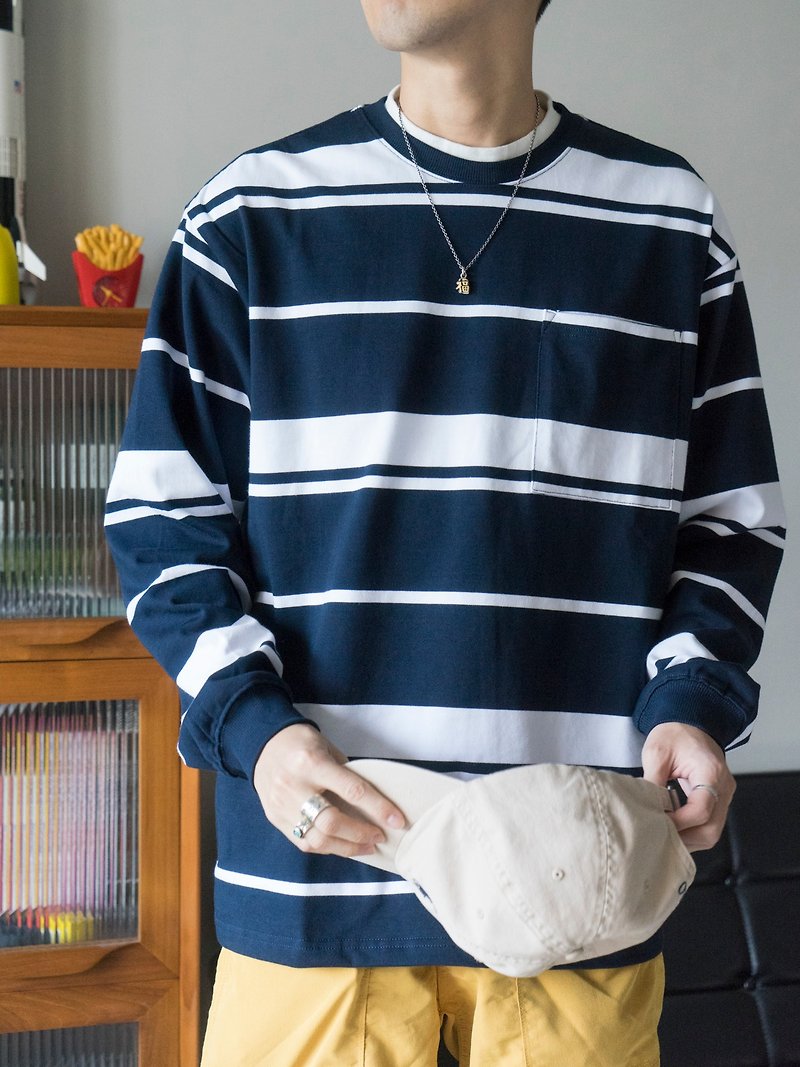 STRIPE T-SHIRT Autumn Japanese Striped Long Sleeve Loose Cut Casual Daily Matching T-Shirt - เสื้อยืดผู้ชาย - ผ้าฝ้าย/ผ้าลินิน สีน้ำเงิน