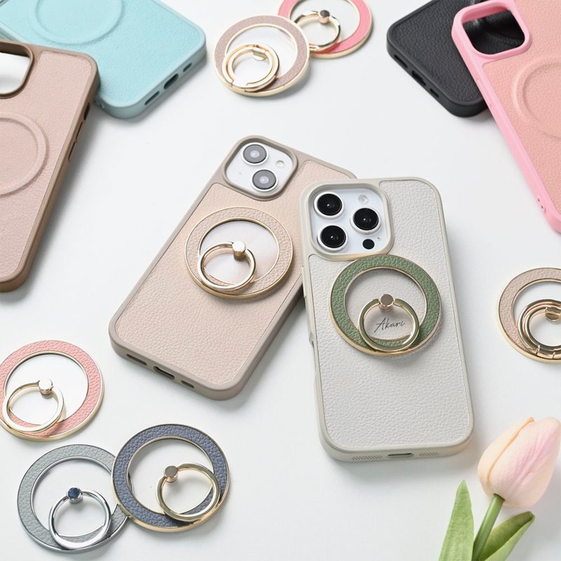 MagSafe Compatible Smartphone Ring Color Rear Case Set [Shrunken Leather] Personalized Genuine Leather Smartphone Case Dusty Colors MagSafe JS22K - Phone Cases - Genuine Leather Brown