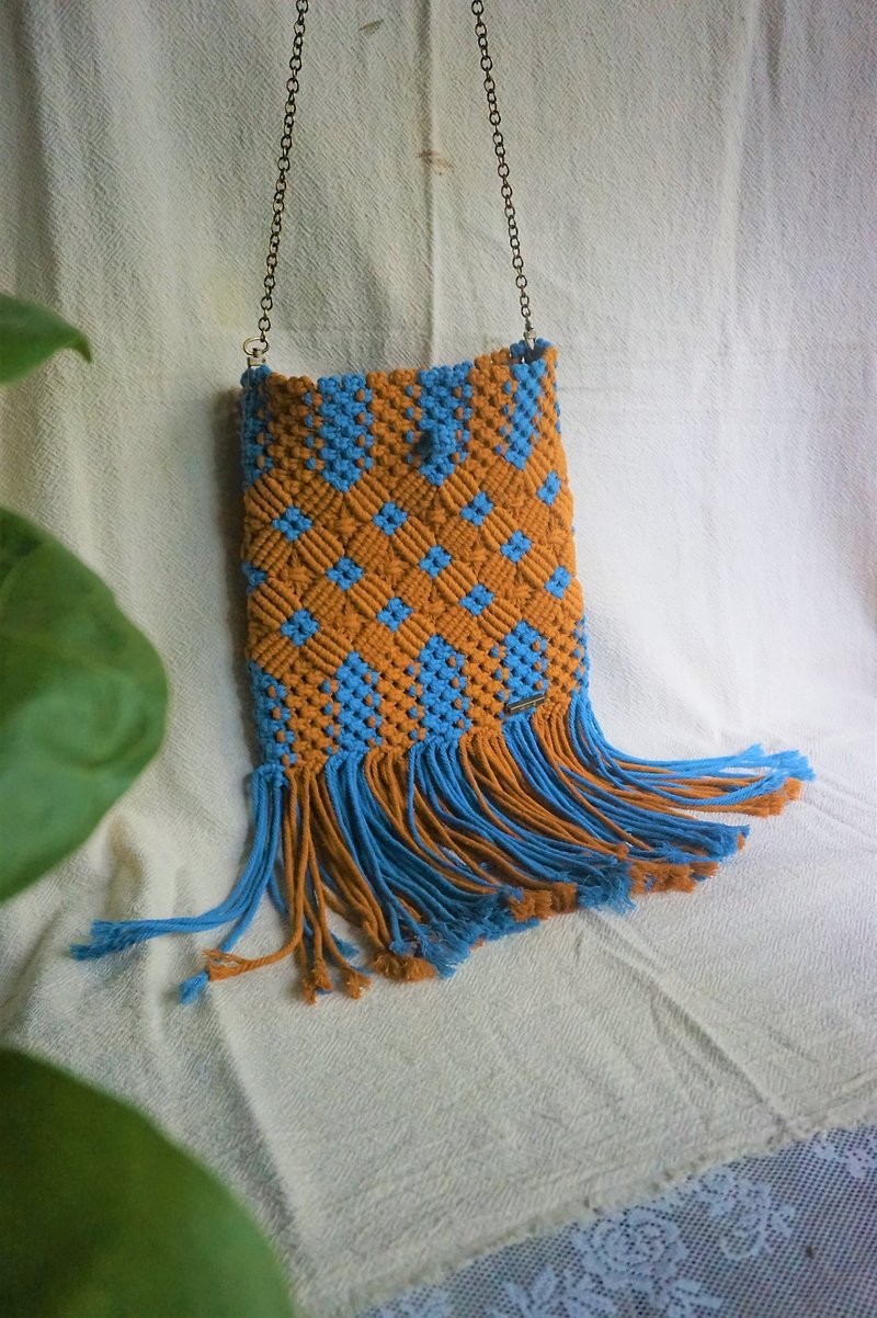 Macrame Hand Braided Side / Crossbody Bag African Style - กระเป๋าแมสเซนเจอร์ - ผ้าฝ้าย/ผ้าลินิน สีส้ม