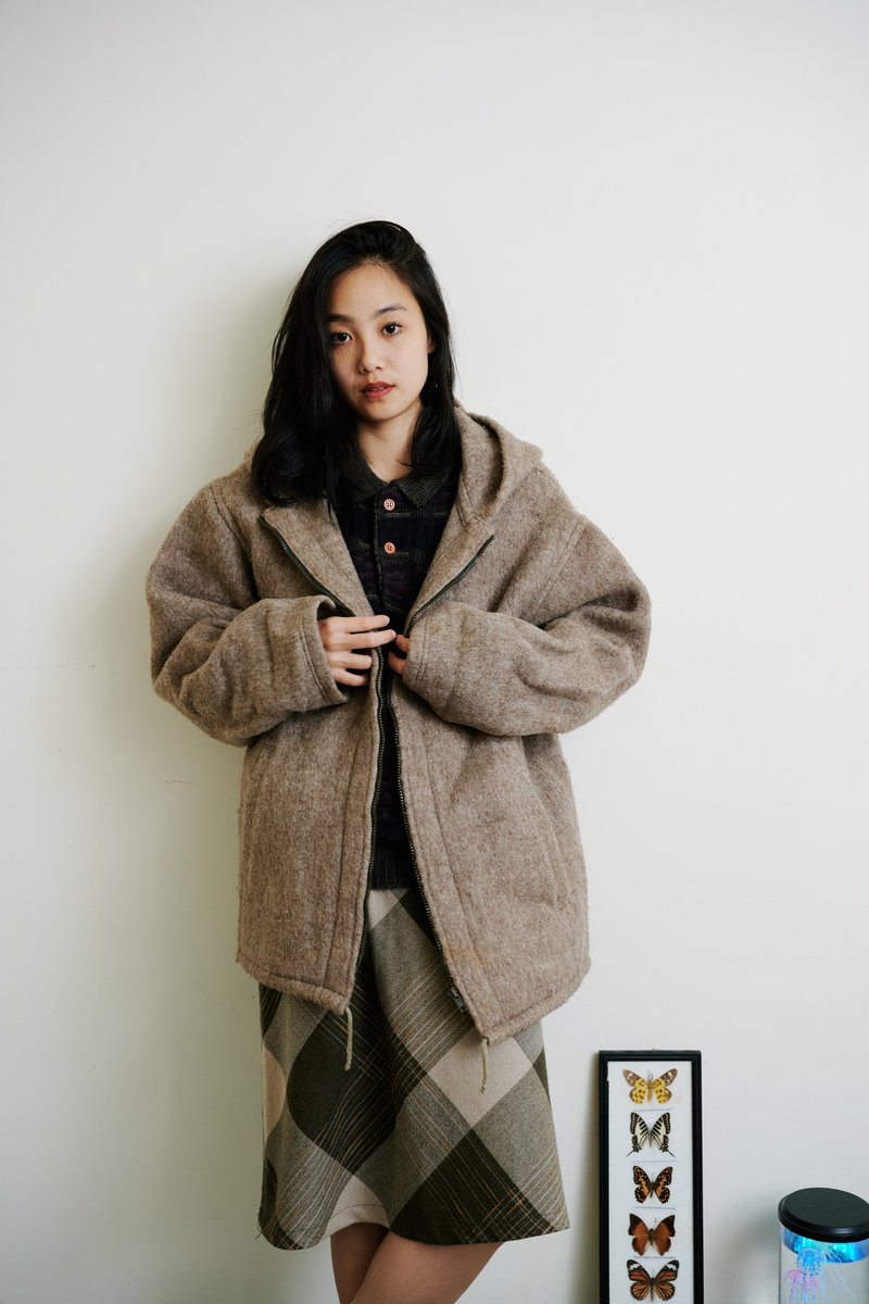 關西腔女子| 羊駝毛保暖連帽大外套 - 帽T/大學T - 羊毛 卡其色