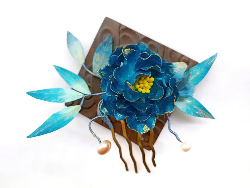 Blue Peony Velvet Flower Traditional Handmade Hairpin Head Accessories - เครื่องประดับผม - งานปัก สีน้ำเงิน