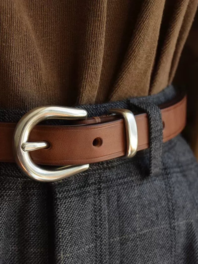 Vintage Genuine Leather 19MM Belt Sliver Pin Buckle Cowhide Belt For Women Girl - เข็มขัด - หนังแท้ สีนำ้ตาล
