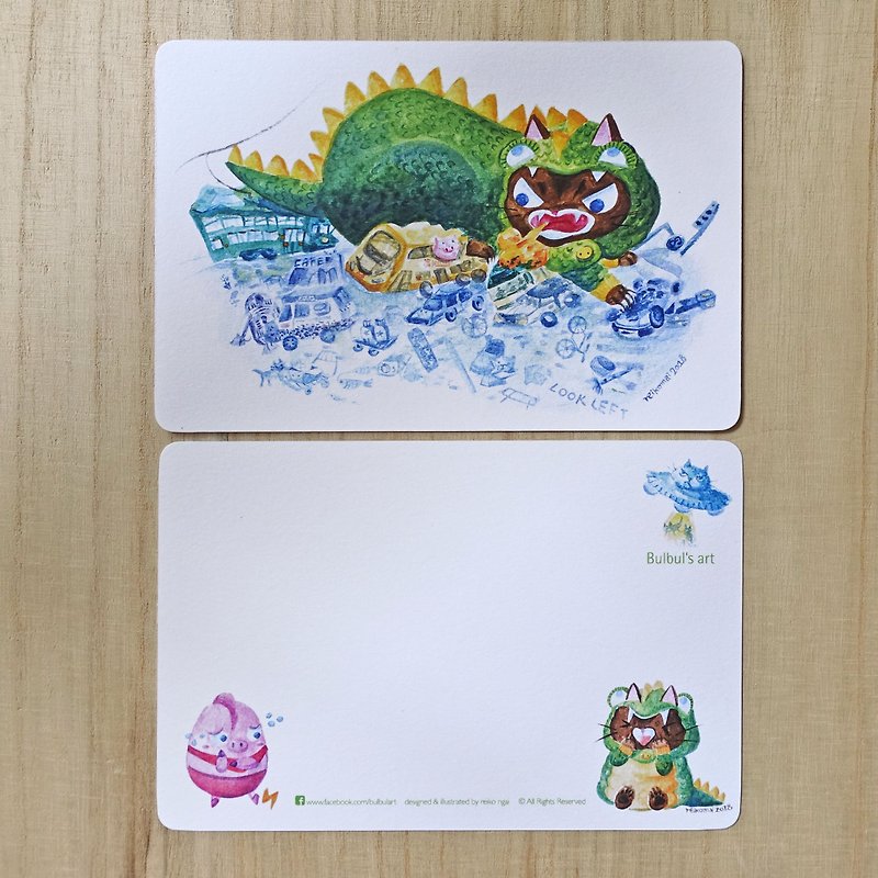 猫とモンスターが香港シリーズのバスのポストカードを破壊する - カード・はがき - 紙 グリーン