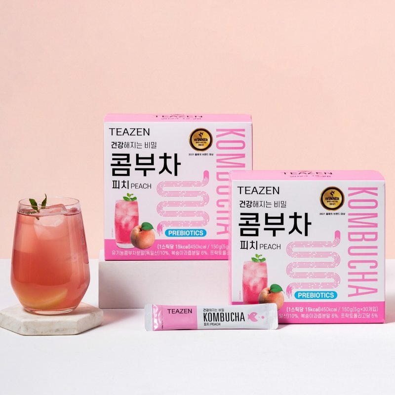 Teazen - Probiotic Kombucha - Peach Flavor 30 Packets | Detoxification | Sugar Free and Low Calorie - Health Foods - Concentrate & Extracts 