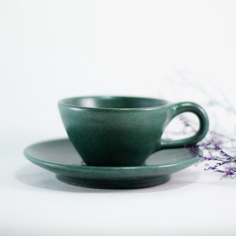 (Exhibition) Jade green coffee cup, coffee cup with cup, coffee cup set, cup and saucer - about 95CC - แก้วมัค/แก้วกาแฟ - ดินเผา สีเขียว