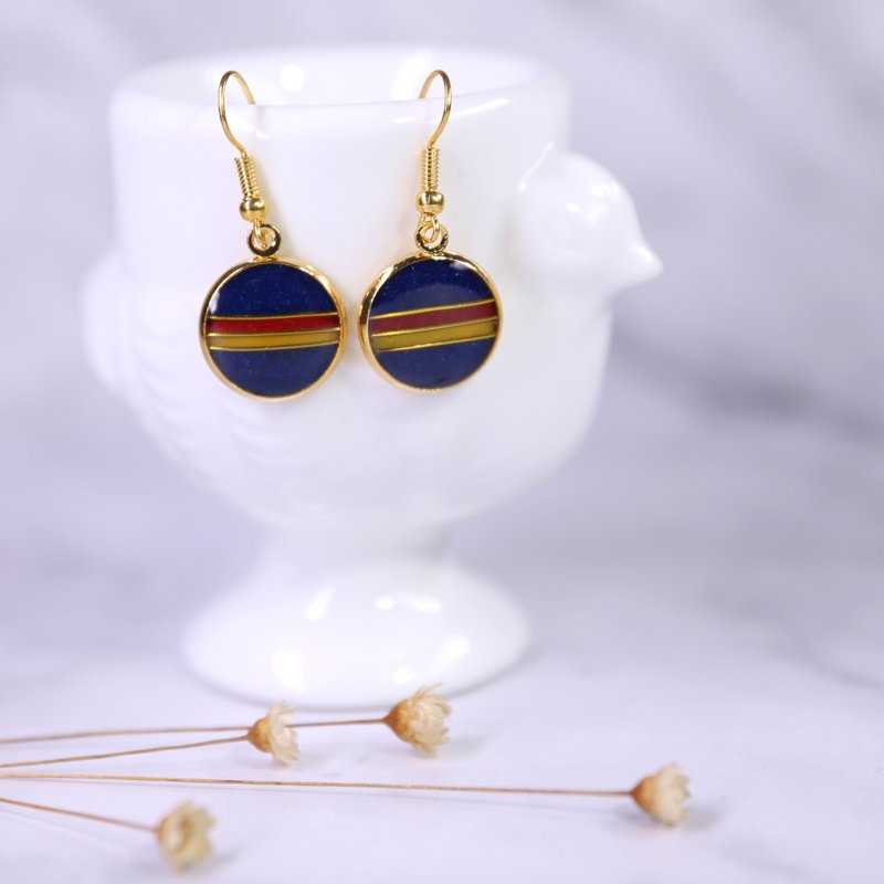 100%手工製景泰藍工藝金絲琺瑯耳環飾物拼色耳勾 - 耳環/耳夾/耳骨夾 - 半寶石 藍色