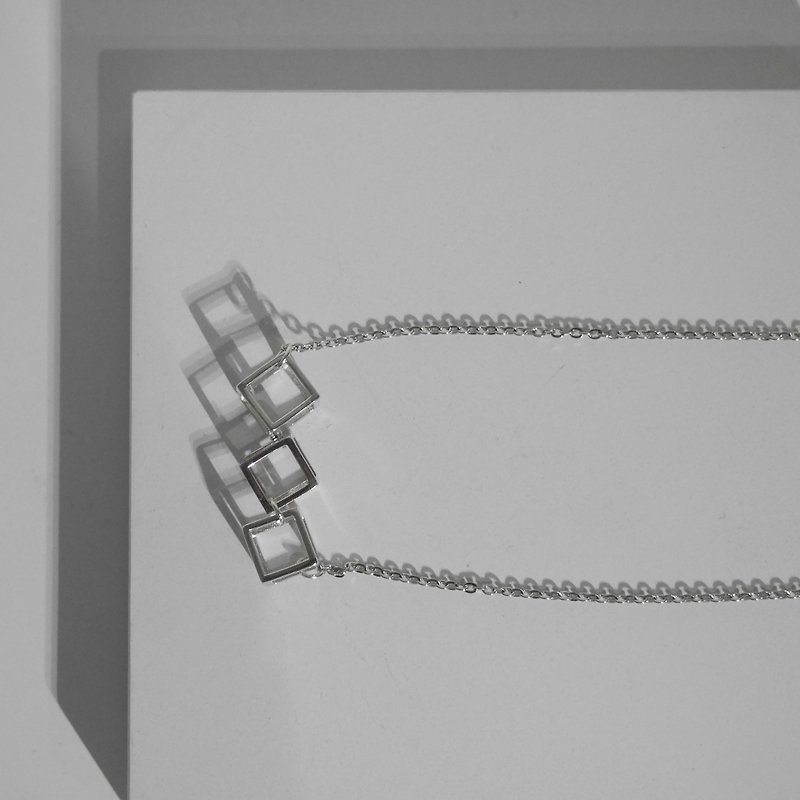 925純銀3D 立方體吊咀橫款頸鏈項鍊 情人節紀念禮物 | 正方型 - 頸鏈 - 其他金屬 銀色