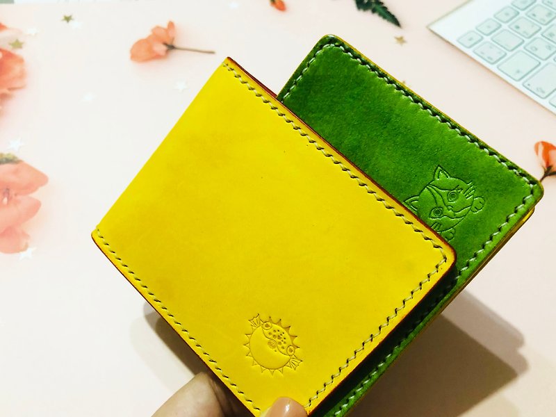 Bright color series-simple half-fold short clip genuine leather full hand-stitched vegetable tanned cowhide card holder - กระเป๋าสตางค์ - หนังแท้ สีเหลือง