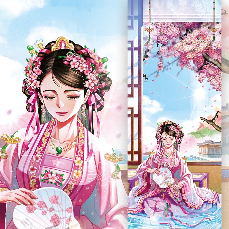Four Seasons - Spring girl Korean Hanbok illustrated postcard (uha) Bookmark - 卡片/明信片 - 紙 粉紅色