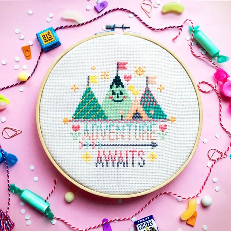 Funny Cross Stitch KIT - Adventure Awaits - Knitting, Embroidery, Felted Wool & Sewing - Thread Green