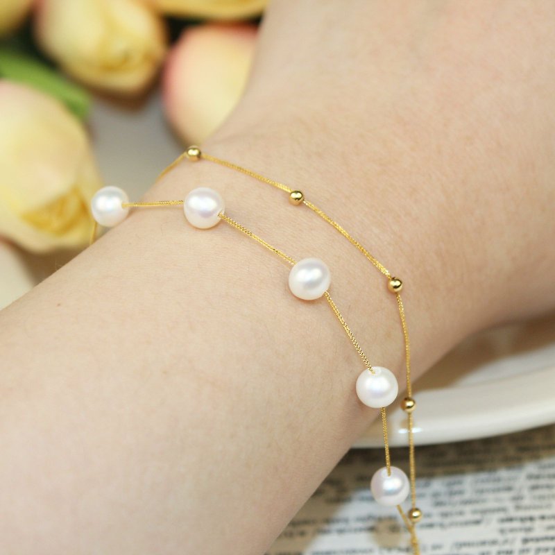 [Snow Spot] 18K Gold Pearl Double Strand Bracelet Top Quality Freshwater Pearls - Bracelets - Precious Metals Gold