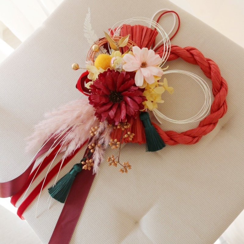 Japanese New Year Wreath with Rope Blessing New Year Gift New Year Gift Japanese New Year - ช่อดอกไม้แห้ง - พืช/ดอกไม้ สีแดง