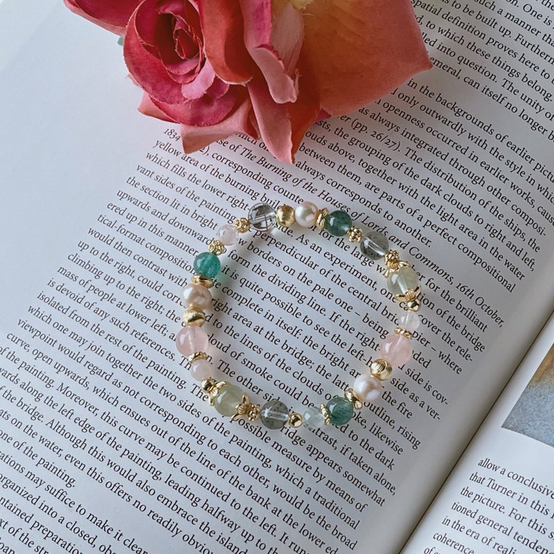 Madame Pompidou丨Rose Quartz + Green Strawberry //Lucky and Rich // Customized Natural Crystal Bracelet - Bracelets - Crystal Green