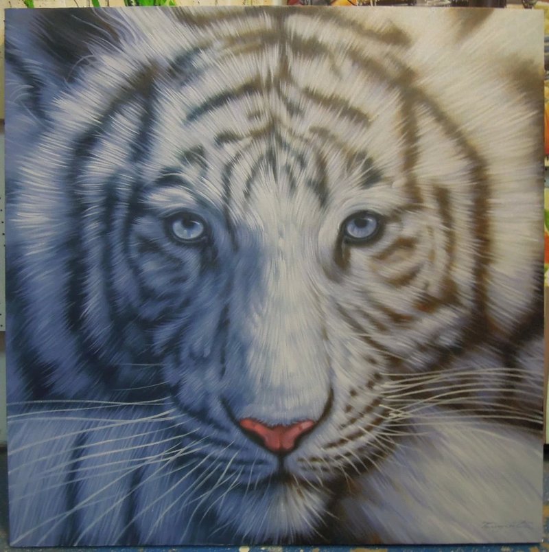 White Tiger painting oil painting on canvas 100X100 cm. - Wall Décor - Cotton & Hemp 