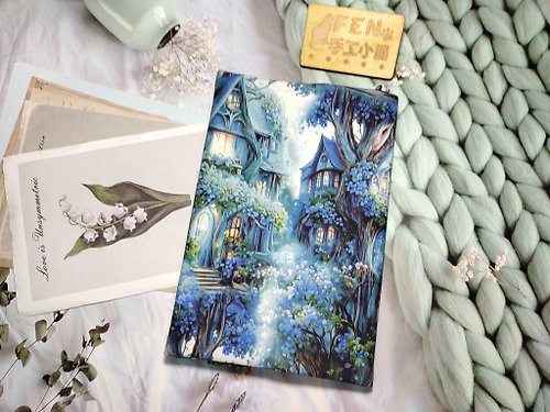 FEN手工小鋪 風景系列-高品質薄棉布料藍紫夢幻樹屋布書衣-布書套A5-25K規格