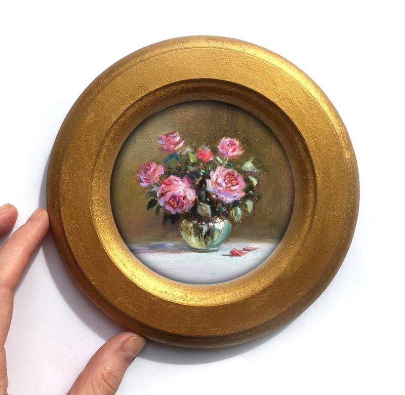 Framed Flower Painting antique style bouquet still life Circular Original round - 壁貼/牆壁裝飾 - 其他材質 藍色