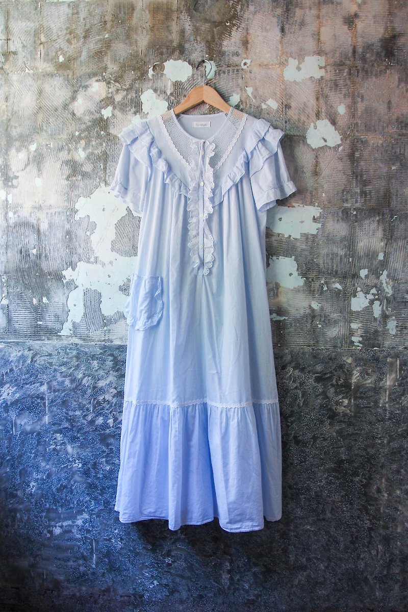 Vintage 淺藍色優雅網狀拼接蕾絲洋裝 - 洋裝/連身裙 - 棉．麻 