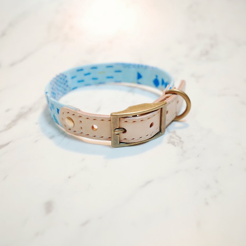 Dog size M collar ocean pufferfish clear blue can be purchased with a tag attached and a bell - ปลอกคอ - ผ้าฝ้าย/ผ้าลินิน 