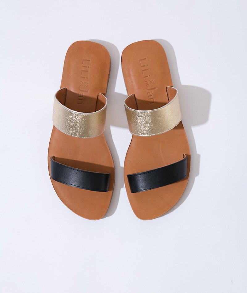 [Summer Psalms] Hit color with leather cowhide sandals and slippers_Starry Black/Gold - รองเท้าอ็อกฟอร์ดผู้หญิง - หนังแท้ สีทอง