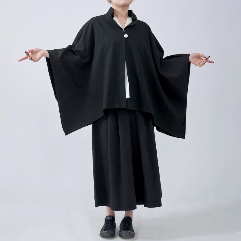 斗篷罩衫 天然棉麻 | 黑色 - 女大衣/外套 - 棉．麻 黑色