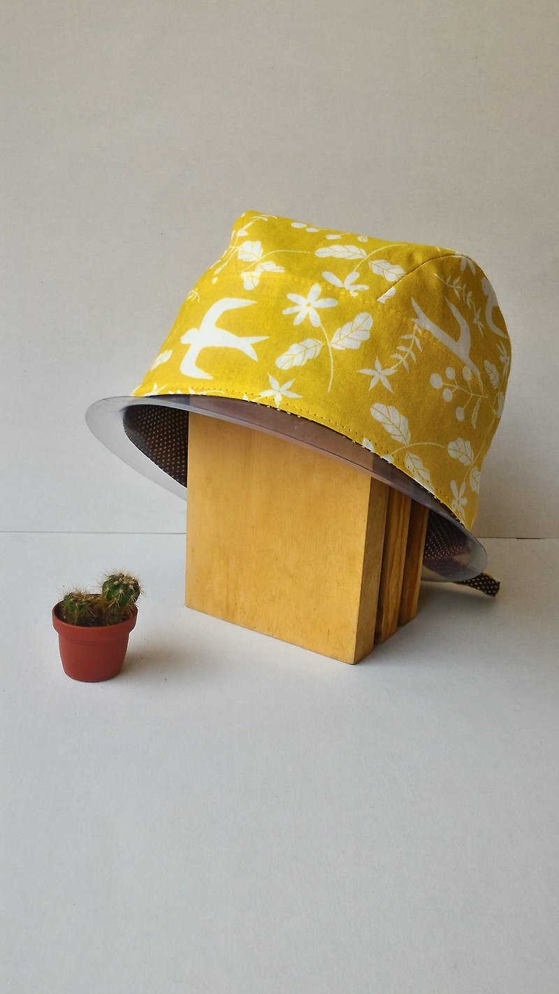 Lucky bird double-sided headdress hat cap hats mustard yellow - หมวก - ผ้าฝ้าย/ผ้าลินิน 