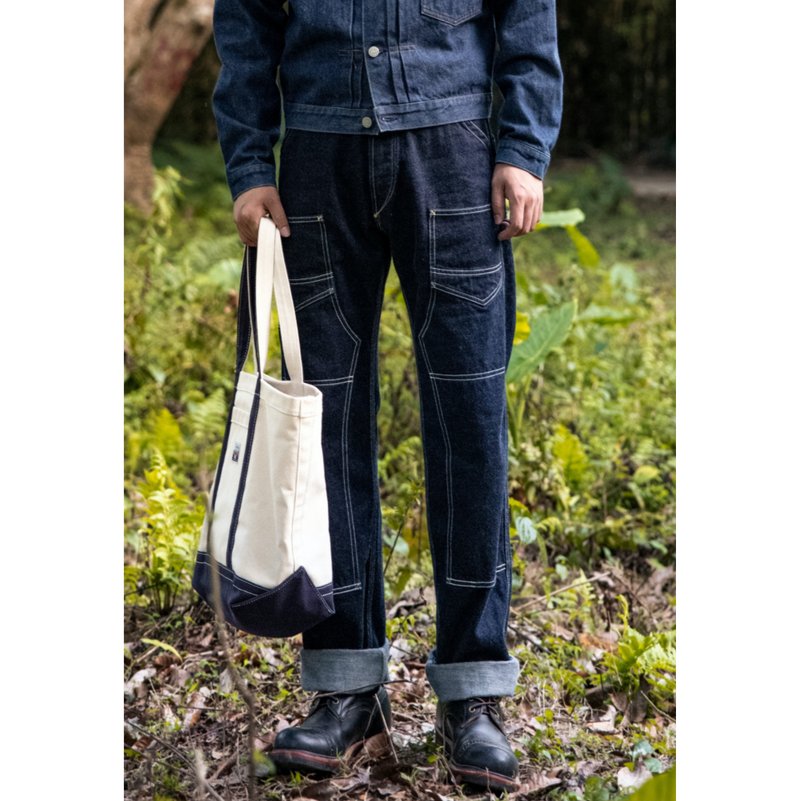 井下工裝褲 牛仔長褲 14oz 高腰寬鬆  工裝大口袋 巴黎扣 多口袋 - 男長褲/休閒褲 - 棉．麻 藍色