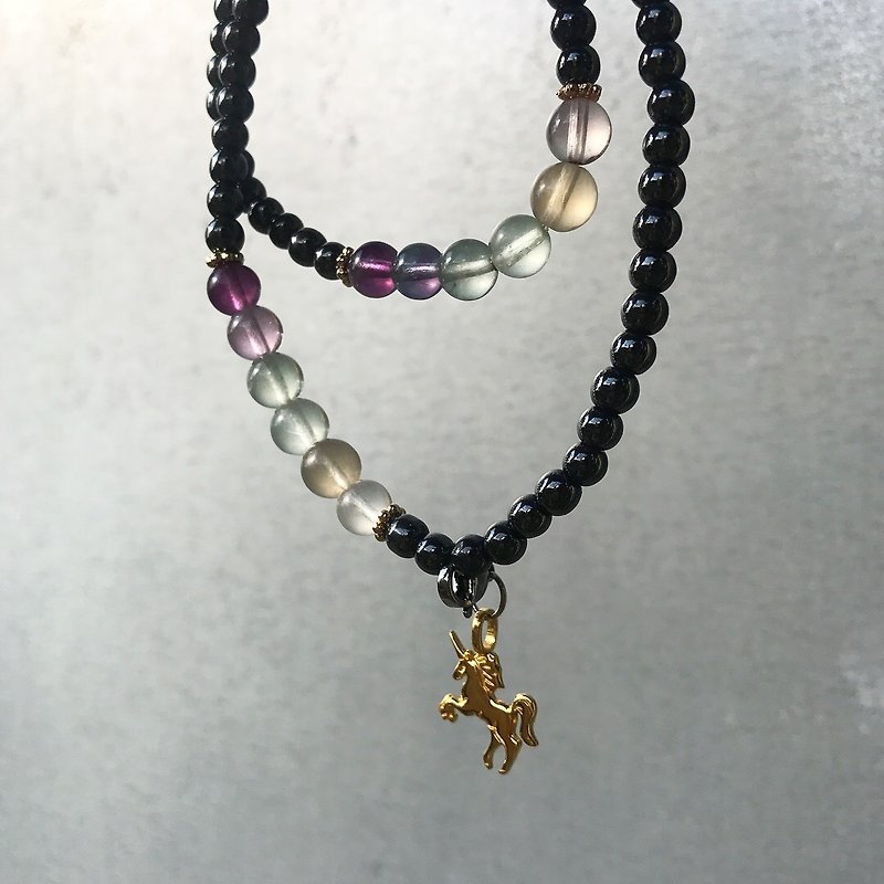 【Lost And Find】Natural  Fluorite unicorn stone 2 rounds bracelet - Bracelets - Gemstone Multicolor