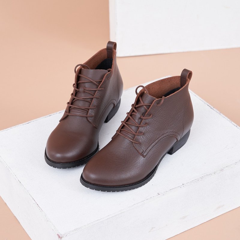 Short-leg_Flat-strap flat short boots dark coffee - รองเท้าบูทสั้นผู้หญิง - หนังแท้ สีนำ้ตาล