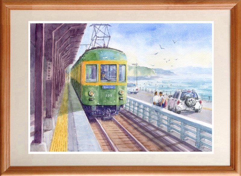 Original watercolor painting Kamakura High School Mae Station Home 8 - โปสเตอร์ - กระดาษ สีเขียว