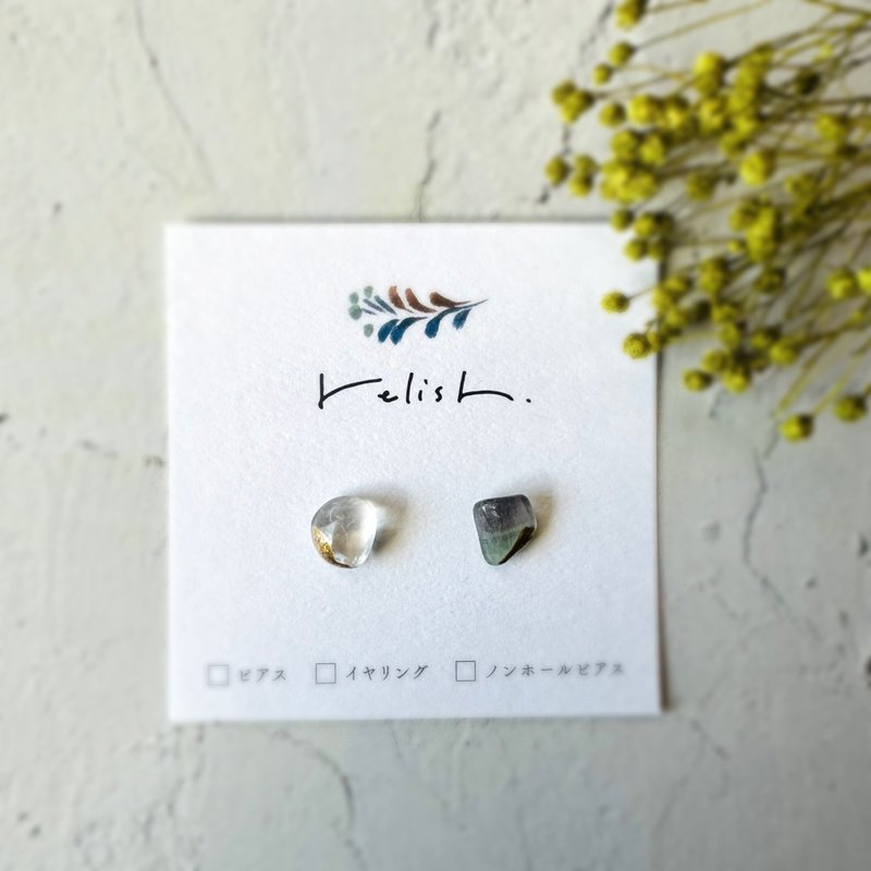 【再販】小ぶり 天然石 フローライト 金継ぎ ライン ピアス ノンホールピアス 小さい シンプル ゴールド 金 透明 クリア パープル 紫 グリーン 緑 - 耳環/耳夾/耳骨夾 - 石頭 紫色