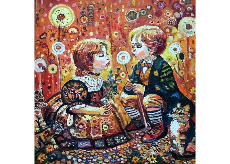 原創畫 The Children  Painting  Original Art  Oil Painting  Oil On Cardboard - Wall Décor - Other Materials Orange