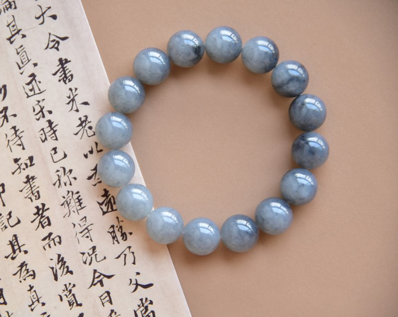 【籽料】【青花】天然和田玉新疆籽料青花12mm手串 - 手鍊/手環 - 玉石 灰色