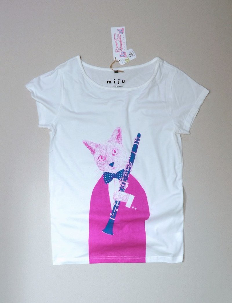 Organic Cotton Clarinet Cat T: Peach+ Teal - Women's T-Shirts - Cotton & Hemp Blue