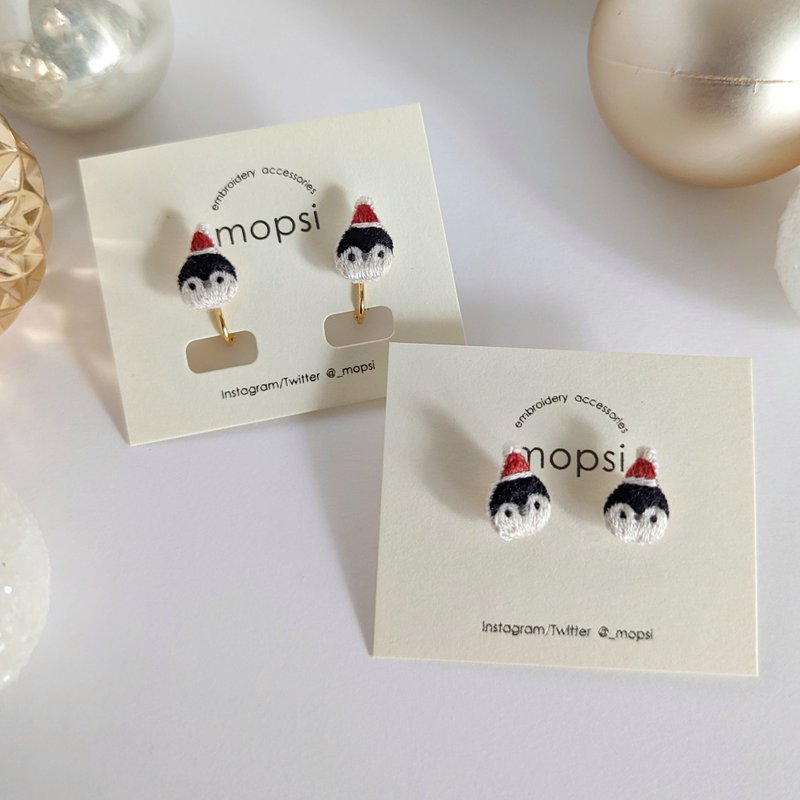 ペンギンサンタ 刺繍ピアス/イヤリング - 耳環/耳夾/耳骨夾 - 繡線 紅色