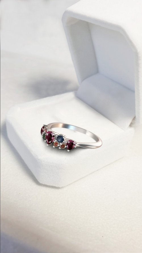 nucheecelic Siam Ruby with Fancy sapphire gemstones ring, 925 Silver ring,Anniversary gift.