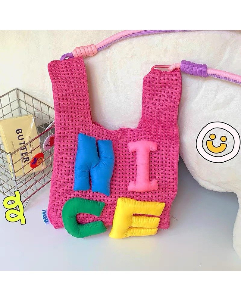 Dopamine wear girly cute letter candy color grid handbag - กระเป๋าแมสเซนเจอร์ - เส้นใยสังเคราะห์ สีม่วง