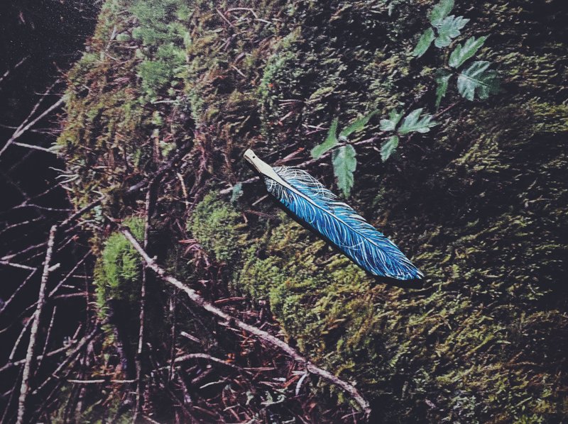 Woodcut Hand Painted Pendant - Feather - Other - Wood Blue