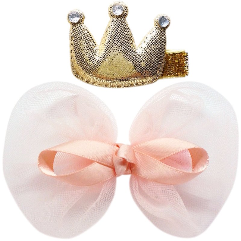皇冠與雪紡蝴蝶結髮夾兩入組 全包布手工髮飾Crown & Bow-Peach - 髮夾/髮飾 - 聚酯纖維 橘色
