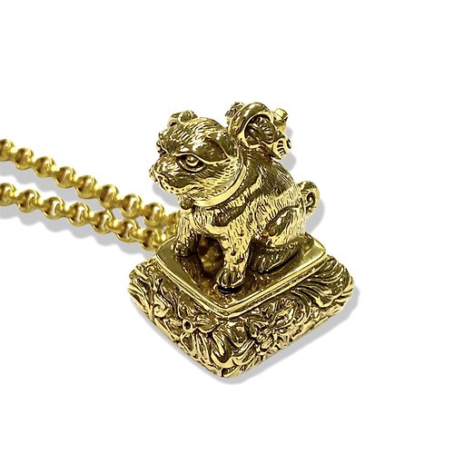 alisadesigns Vintage Pinchbeck Pug Dog Wax Seal/Brass Handle Stamp Letter Fob Pendant + Chain